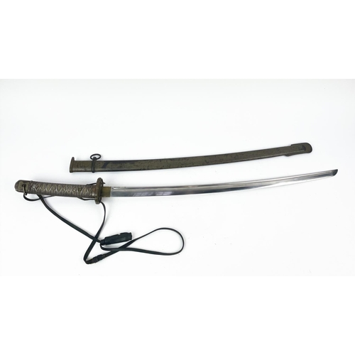 18 - JAPANESE SECOND WORLD WAR KATANA SWORD, with serial number and original leather pommel, 93cm L.