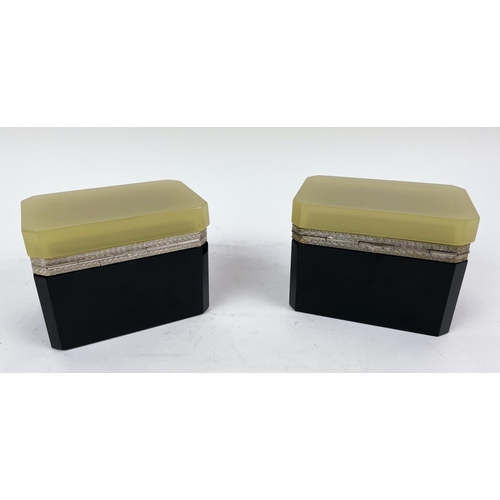 6 - MURANO CASKETS, a pair, mid century Cenedese opaline black and cream glass with nickel plated hinges... 