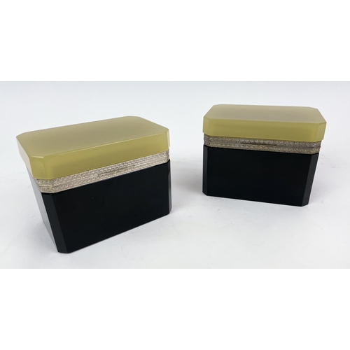 6 - MURANO CASKETS, a pair, mid century Cenedese opaline black and cream glass with nickel plated hinges... 