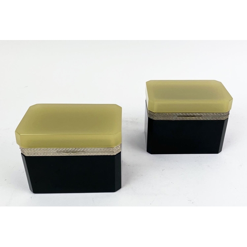 6 - MURANO CASKETS, a pair, mid century Cenedese opaline black and cream glass with nickel plated hinges... 