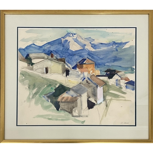 72 - WALTER HESS (b.1920), 'Contra, near Locarno with 'Camoghe' in distance, water colour 50cm x 59cm, si... 