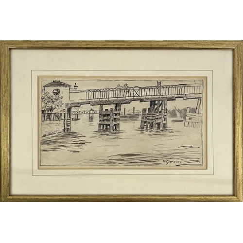 139 - ATTRIBUTED TO WALTER GREAVES (British 1846-1930), 'Old Battersea Bridge', ink and watercolour, 15cm ... 