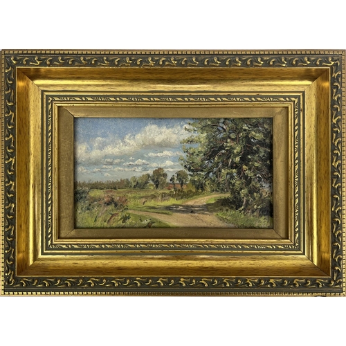 140 - CATHERINE MAUD NICHOLS (British 1848-1923), 'Landscape', oil on board, 14cm x 24cm, framed.