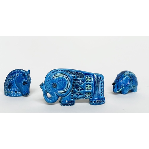 15 - BITOSSI, three pieces, Tuscan blue ceramic including two elephants and a horse head, largest 16cm W.... 