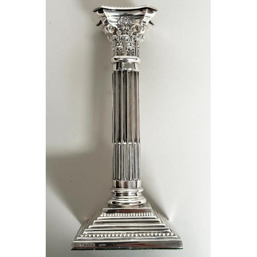 17 - SILVER CANDLESTICKS, a pair, 20th century Corinthian capped fluted columns, (old inscription), 21cm ... 