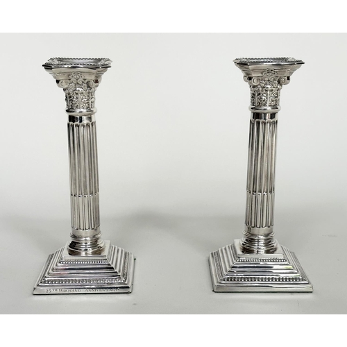 17 - SILVER CANDLESTICKS, a pair, 20th century Corinthian capped fluted columns, (old inscription), 21cm ... 