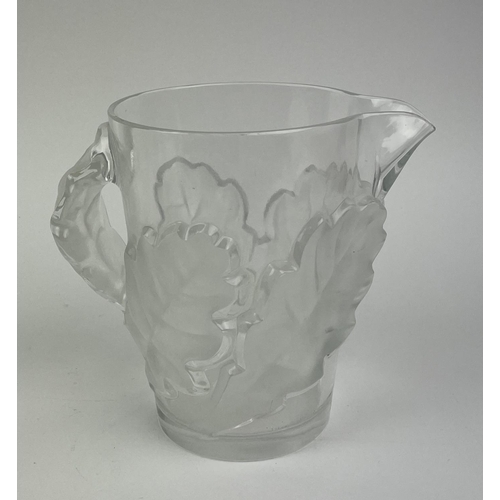 11 - LALIQUE WATER PITCHER, frosted chene oak leaf design with twelve glasses. (13)