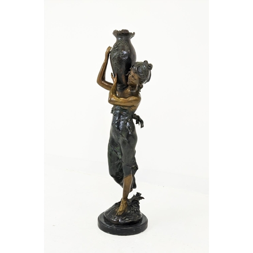 11A - AFTER LOUIS AUGUSTE MOREAU (1855-1919), Woman with a water jug, patinated bronze on a circular marbl... 
