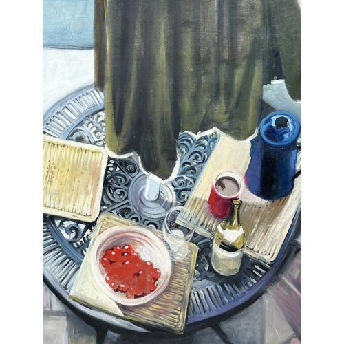 127 - DAVE MERRILLS RCA (20th century British), 'Still life with bowl of cherries', oil on canvas, 115cm x... 