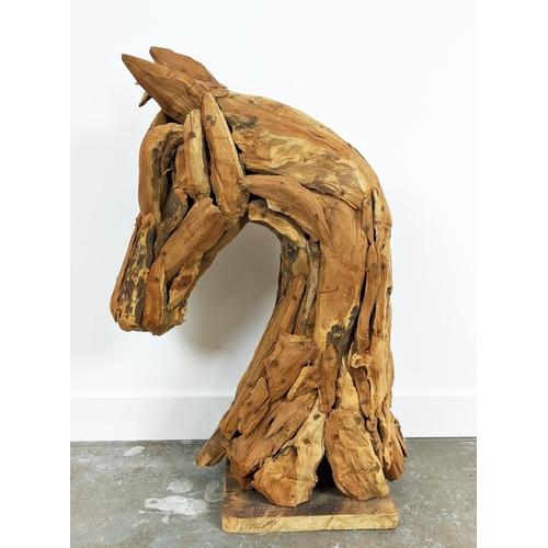 13 - DRIFTWOOD HORSE HEAD SCULPTURE, ON STAND, 88cm H x 55cm W.