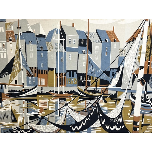 134 - SIMON CHAYE (French b.1930), 'Boats in a French harbour', lithograph on canvas, 114cm x 169cm.