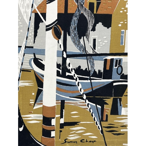 134 - SIMON CHAYE (French b.1930), 'Boats in a French harbour', lithograph on canvas, 114cm x 169cm.