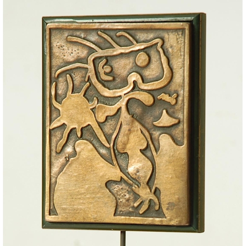 156 - AFTER JOAN MIRO, bronze plaque, mounted onto wooden plinth, personnages, xxe siecle number 4, 1938, ... 