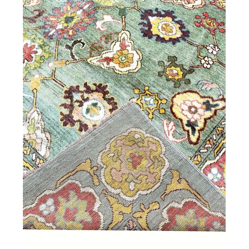 178 - FINE GREEN TURKISH OUSHAK CARPET, 390cm x 328cm.