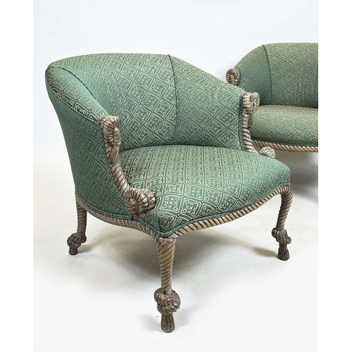 196 - MANNER OF A.M.E. FOURNIER BERGERES, a pair, rope twist beech framed with geometric upholstery, 68cm ... 