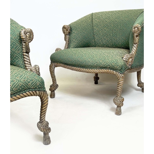 196 - MANNER OF A.M.E. FOURNIER BERGERES, a pair, rope twist beech framed with geometric upholstery, 68cm ... 