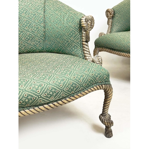 196 - MANNER OF A.M.E. FOURNIER BERGERES, a pair, rope twist beech framed with geometric upholstery, 68cm ... 