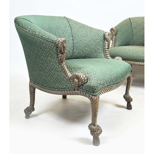 196 - MANNER OF A.M.E. FOURNIER BERGERES, a pair, rope twist beech framed with geometric upholstery, 68cm ... 