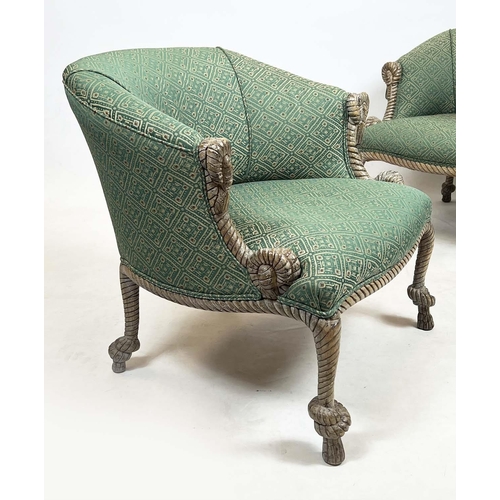 196 - MANNER OF A.M.E. FOURNIER BERGERES, a pair, rope twist beech framed with geometric upholstery, 68cm ... 