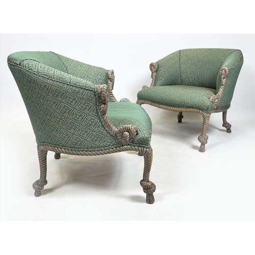 196 - MANNER OF A.M.E. FOURNIER BERGERES, a pair, rope twist beech framed with geometric upholstery, 68cm ... 