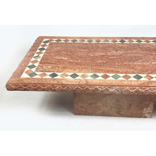 198 - TRAVERTINE LOW TABLE, 1970s Italian inlaid marble on plinth base, 41cm H x 143cm x 80cm.