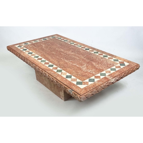 198 - TRAVERTINE LOW TABLE, 1970s Italian inlaid marble on plinth base, 41cm H x 143cm x 80cm.