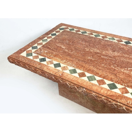 198 - TRAVERTINE LOW TABLE, 1970s Italian inlaid marble on plinth base, 41cm H x 143cm x 80cm.