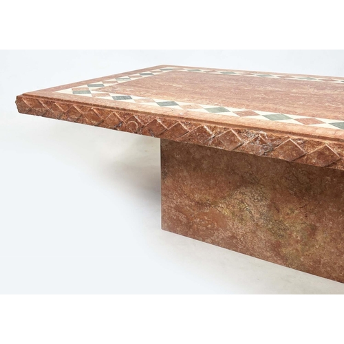 198 - TRAVERTINE LOW TABLE, 1970s Italian inlaid marble on plinth base, 41cm H x 143cm x 80cm.