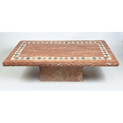 198 - TRAVERTINE LOW TABLE, 1970s Italian inlaid marble on plinth base, 41cm H x 143cm x 80cm.