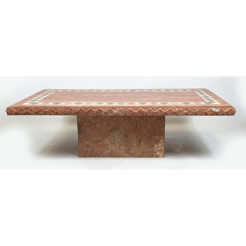 198 - TRAVERTINE LOW TABLE, 1970s Italian inlaid marble on plinth base, 41cm H x 143cm x 80cm.