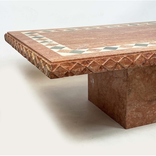 198 - TRAVERTINE LOW TABLE, 1970s Italian inlaid marble on plinth base, 41cm H x 143cm x 80cm.