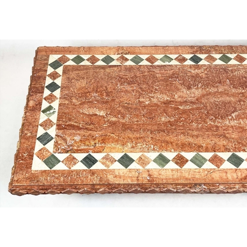 198 - TRAVERTINE LOW TABLE, 1970s Italian inlaid marble on plinth base, 41cm H x 143cm x 80cm.