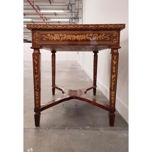 200 - CENTRE TABLE, Dutch style floral and bird inlay with single frieze drawer, 78cm H x 100cm x 70cm.