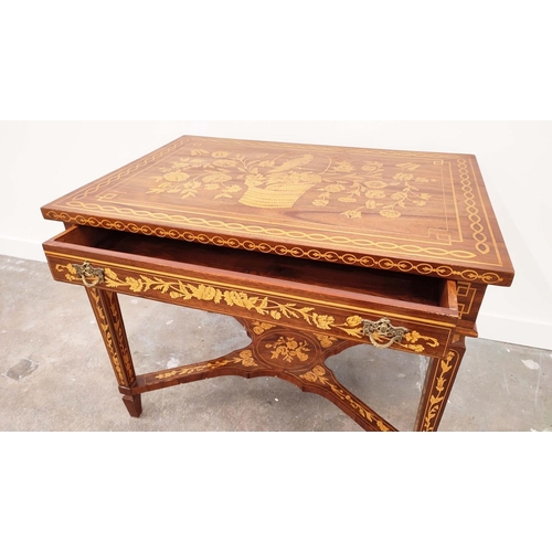 200 - CENTRE TABLE, Dutch style floral and bird inlay with single frieze drawer, 78cm H x 100cm x 70cm.