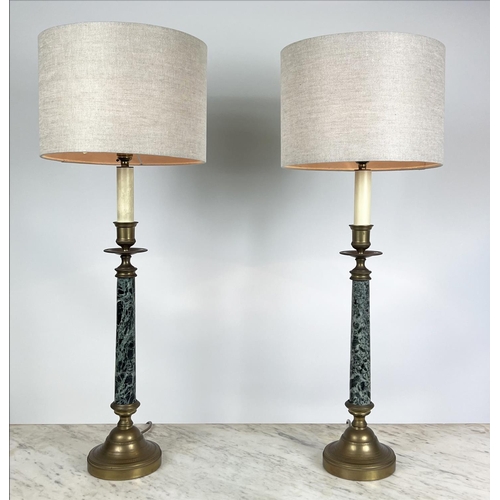 203 - TINDLE LIGHTING COLUMN LAMPS, a pair, marble and brass with shades, 79cm H. (2)