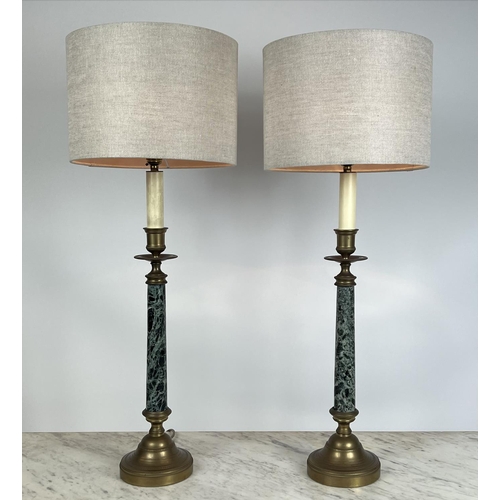 203 - TINDLE LIGHTING COLUMN LAMPS, a pair, marble and brass with shades, 79cm H. (2)