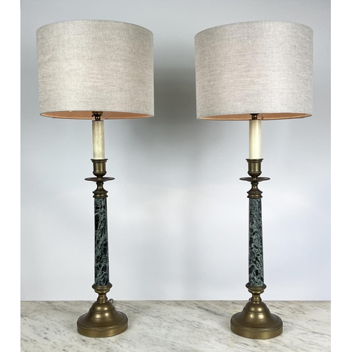 203 - TINDLE LIGHTING COLUMN LAMPS, a pair, marble and brass with shades, 79cm H. (2)