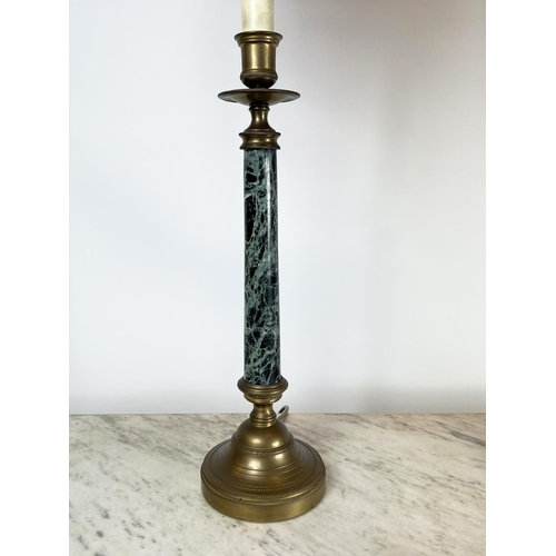 203 - TINDLE LIGHTING COLUMN LAMPS, a pair, marble and brass with shades, 79cm H. (2)