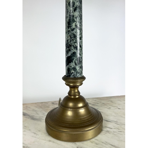 203 - TINDLE LIGHTING COLUMN LAMPS, a pair, marble and brass with shades, 79cm H. (2)