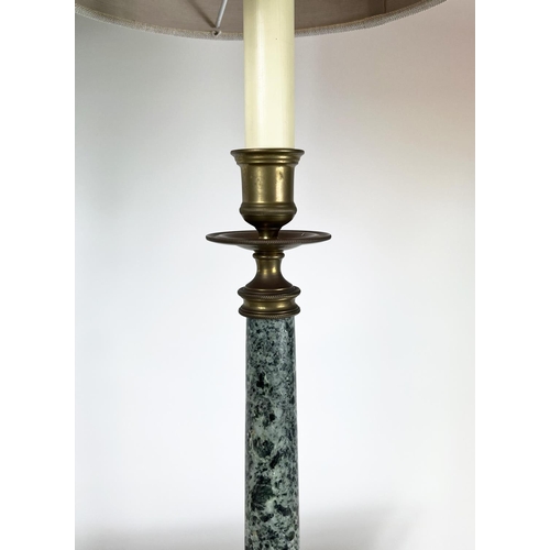 203 - TINDLE LIGHTING COLUMN LAMPS, a pair, marble and brass with shades, 79cm H. (2)