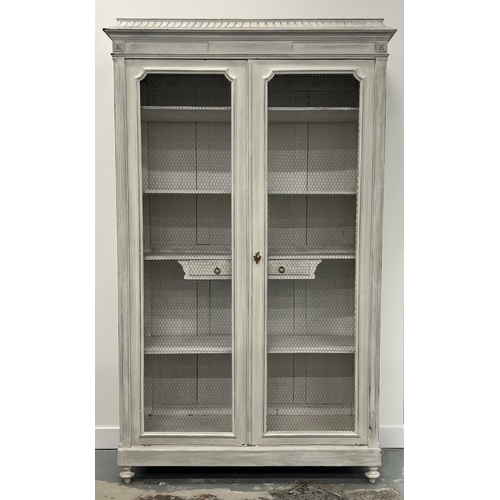 204 - BIBLIOTHEQUE, 19th century French grey painted, two wire panel doors, enclosing shelves and two smal... 