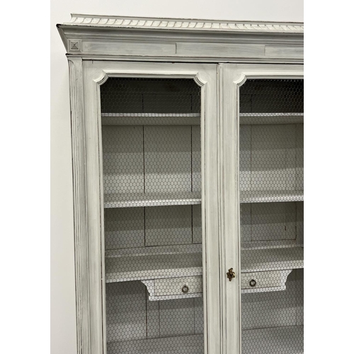 204 - BIBLIOTHEQUE, 19th century French grey painted, two wire panel doors, enclosing shelves and two smal... 