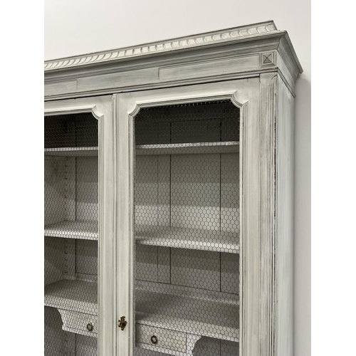 204 - BIBLIOTHEQUE, 19th century French grey painted, two wire panel doors, enclosing shelves and two smal... 