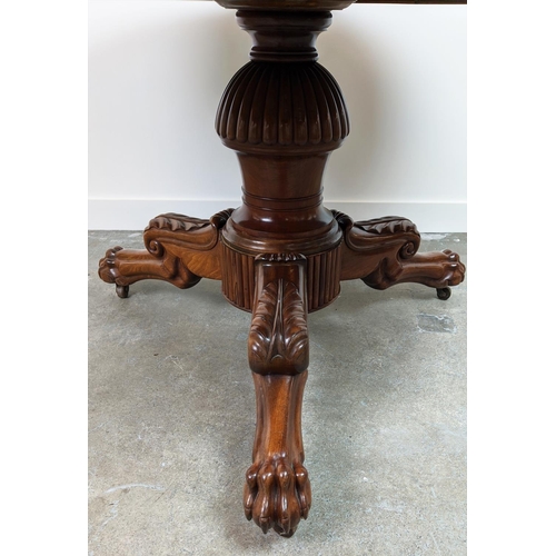 206 - GUERIDON, 19th century French Louis Phillipe mahogany, tripod base with paw feet with a circular mar... 