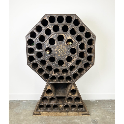 207 - WINE RACK, Indian teak and iron bound, 156cm H x 102cm W x 28cm D.