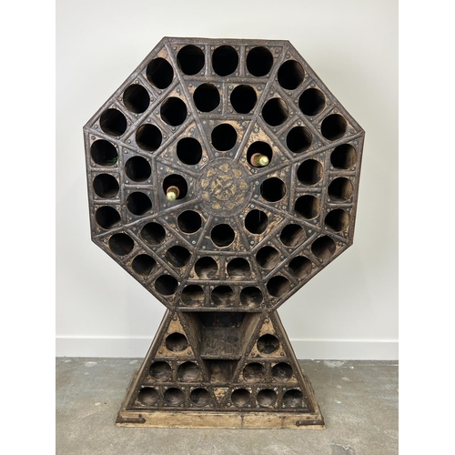 207 - WINE RACK, Indian teak and iron bound, 156cm H x 102cm W x 28cm D.