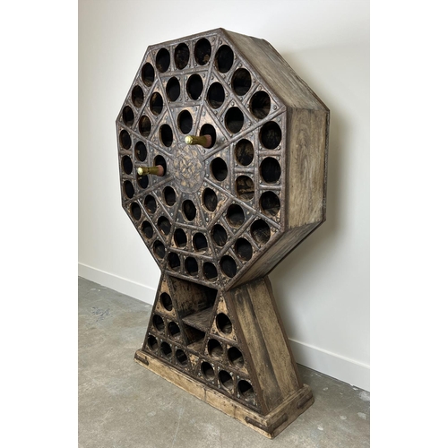 207 - WINE RACK, Indian teak and iron bound, 156cm H x 102cm W x 28cm D.