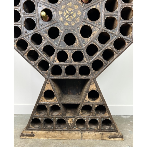 207 - WINE RACK, Indian teak and iron bound, 156cm H x 102cm W x 28cm D.