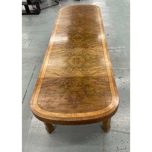 208 - DINING/BOARDROOM TABLE, Art Deco walnut and burr walnut banded with three leaves and square supports... 