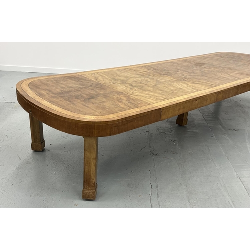 208 - DINING/BOARDROOM TABLE, Art Deco walnut and burr walnut banded with three leaves and square supports... 